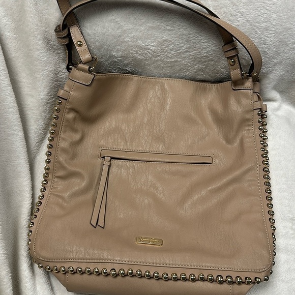 Jessica Simpson Women's Tan Faux Leather Camille Hobo Bag Tote with Gold Beads - Picture 1 of 11